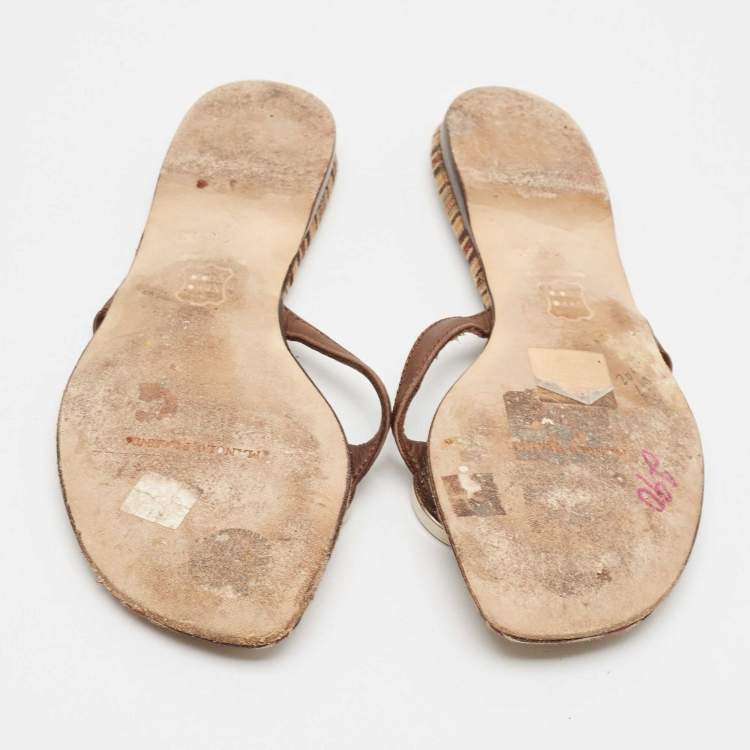 Pre Owned Manolo Blahnik Brown Canvas and Leather Thong Flats Size 36.5