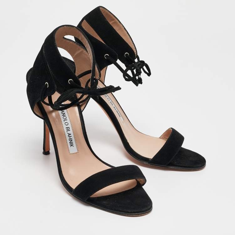 Pre Owned Manolo Blahnik Black Suede Laramod Ankle Strap Sandals Size 37