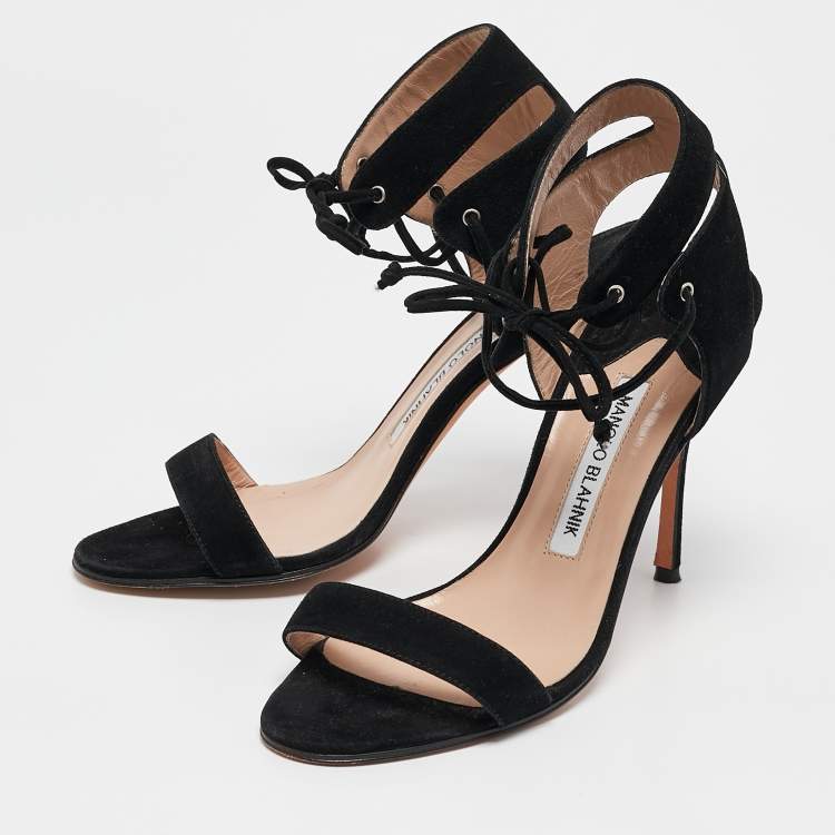 Pre Owned Manolo Blahnik Black Suede Laramod Ankle Strap Sandals Size 37