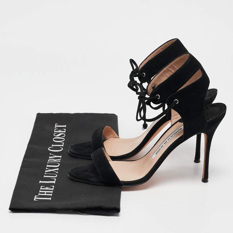 Pre Owned Manolo Blahnik Black Suede Laramod Ankle Strap Sandals Size 37