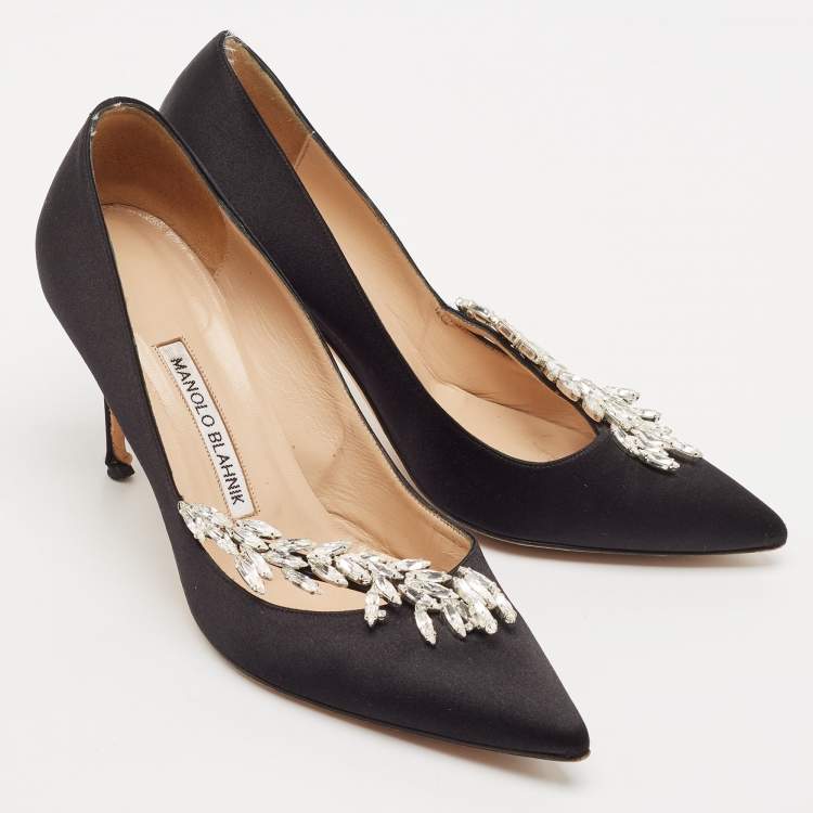 Pre Owned Manolo Blahnik Black Satin Nadira Pumps Size 37.5