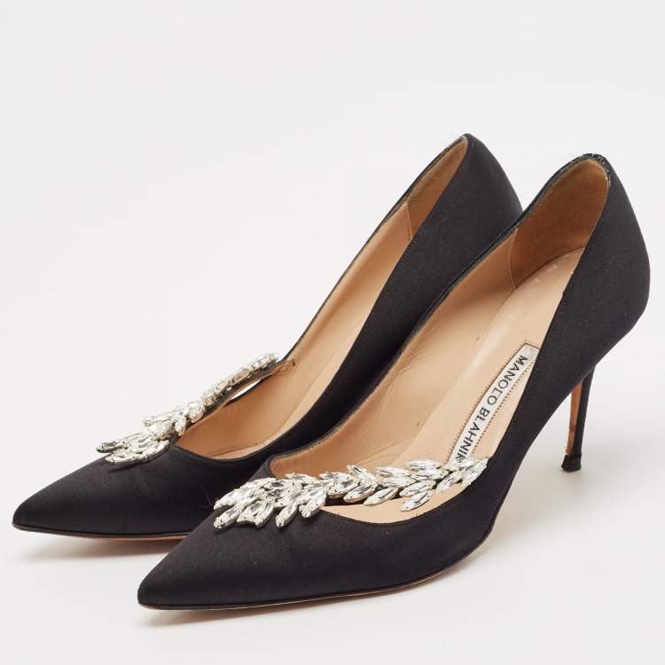 Pre Owned Manolo Blahnik Black Satin Nadira Pumps Size 37.5