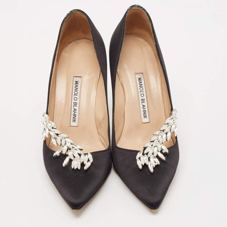 Pre Owned Manolo Blahnik Black Satin Nadira Pumps Size 37.5