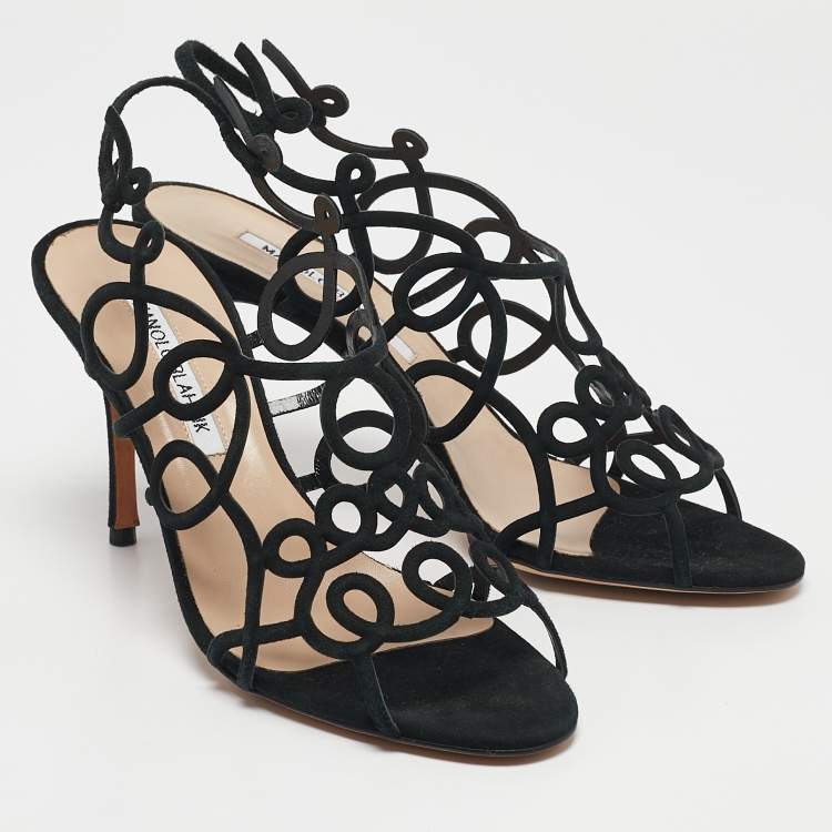 Pre Owned Manolo Blahnik Black Suede Slingback Sandals Size 37.5