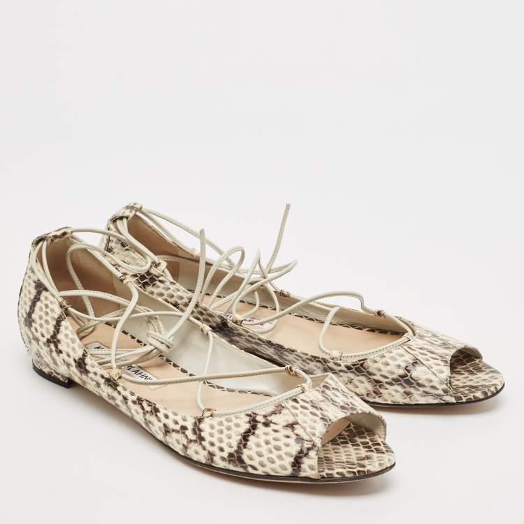 Pre Owned Manolo Blahnik Cream Python Leather Ballet Flats Size 37.5