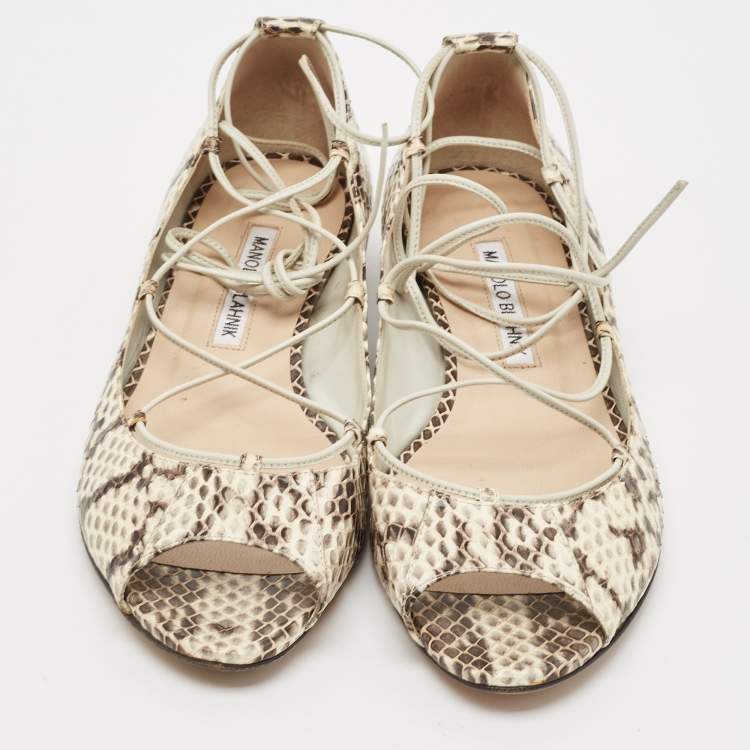 Pre Owned Manolo Blahnik Cream Python Leather Ballet Flats Size 37.5