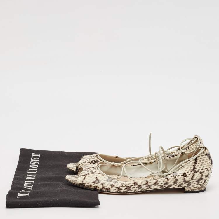 Pre Owned Manolo Blahnik Cream Python Leather Ballet Flats Size 37.5