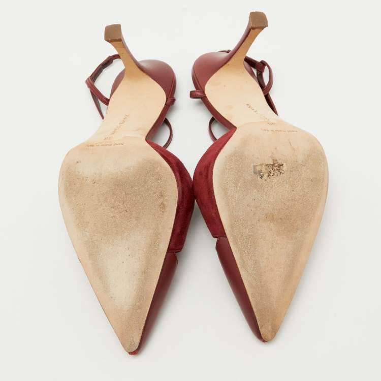 Pre Owned Manolo Blahnik Burgundy Leather and Suede Turgimodhi Pumps Size 38