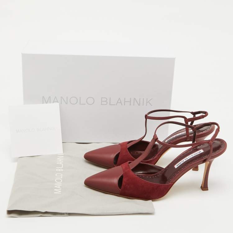 Pre Owned Manolo Blahnik Burgundy Leather and Suede Turgimodhi Pumps Size 38