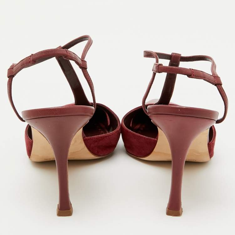 Pre Owned Manolo Blahnik Burgundy Leather and Suede Turgimodhi Pumps Size 38