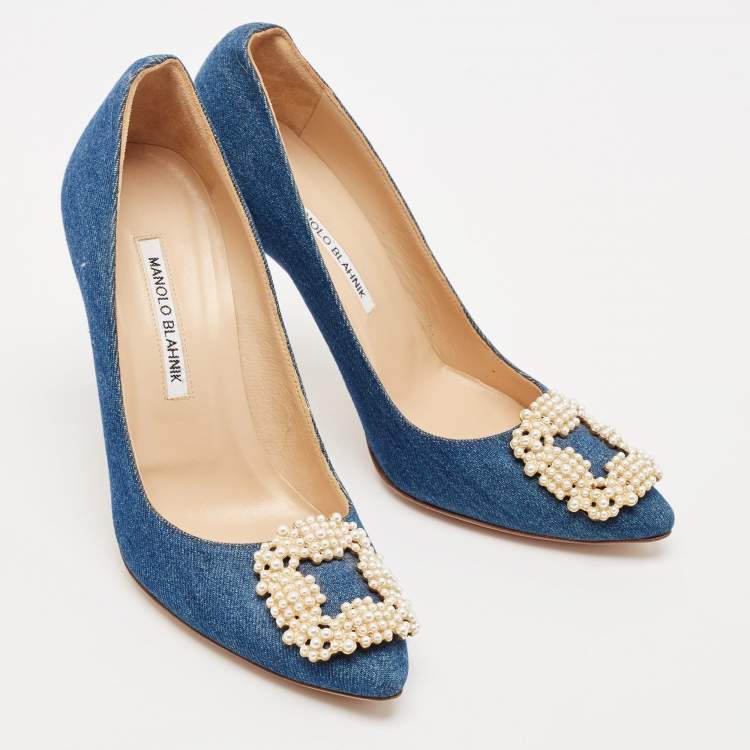 Pre Owned Manolo Blahnik Blue Denim Pearl Embellished Hangisi Pumps Size 39