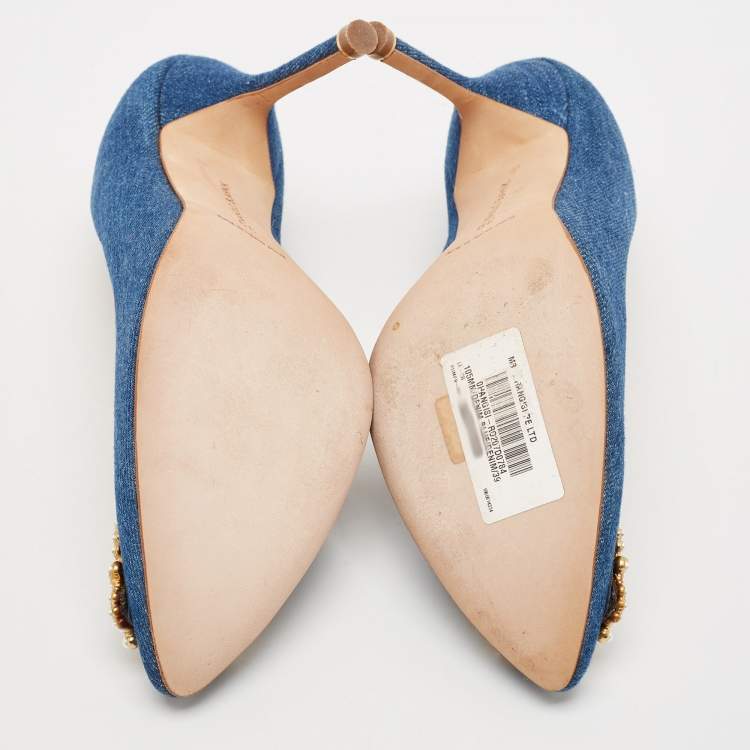Pre Owned Manolo Blahnik Blue Denim Pearl Embellished Hangisi Pumps Size 39