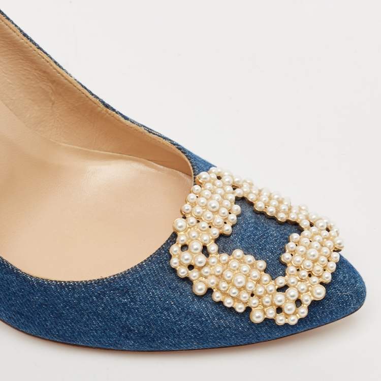 Pre Owned Manolo Blahnik Blue Denim Pearl Embellished Hangisi Pumps Size 39