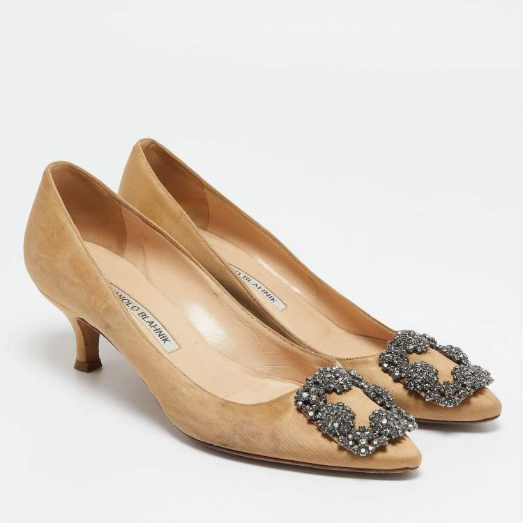 Pre Owned Manolo Blahnik Brown Satin Hangisi Embellished Pumps Size 36.5