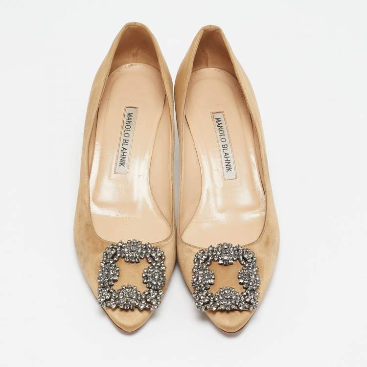 Pre Owned Manolo Blahnik Brown Satin Hangisi Embellished Pumps Size 36.5