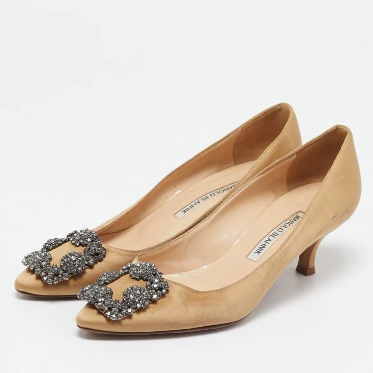 Pre Owned Manolo Blahnik Brown Satin Hangisi Embellished Pumps Size 36.5