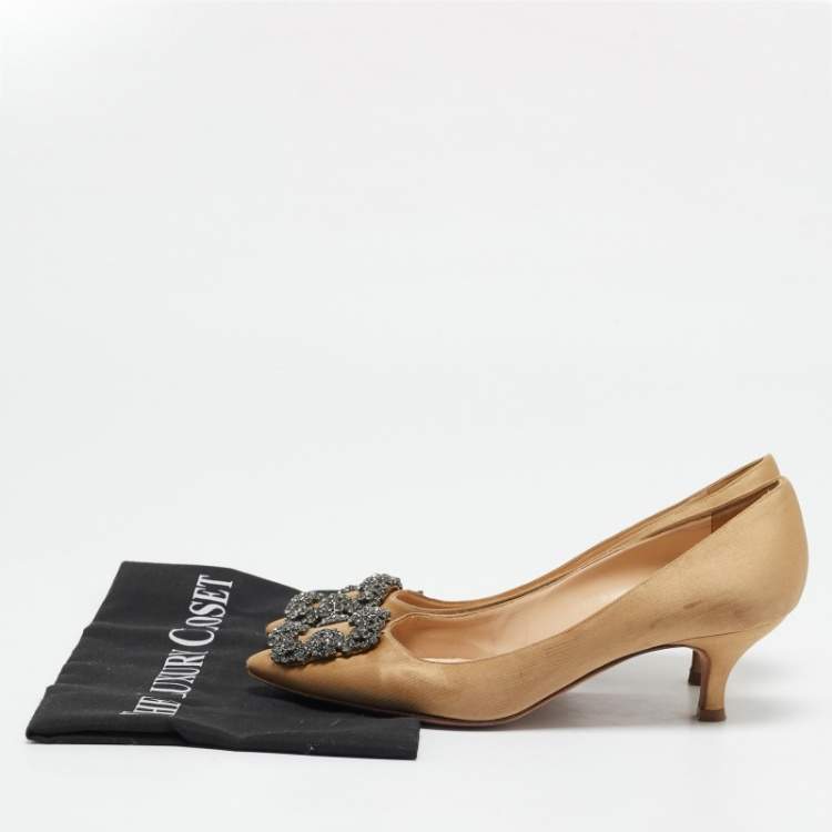 Pre Owned Manolo Blahnik Brown Satin Hangisi Embellished Pumps Size 36.5