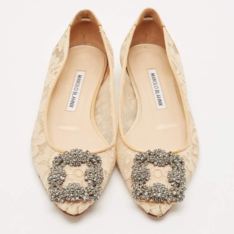 Pre Owned Manolo Blahnik Beige Lace and Satin Hangisi Embellished Ballet Flats Size 36