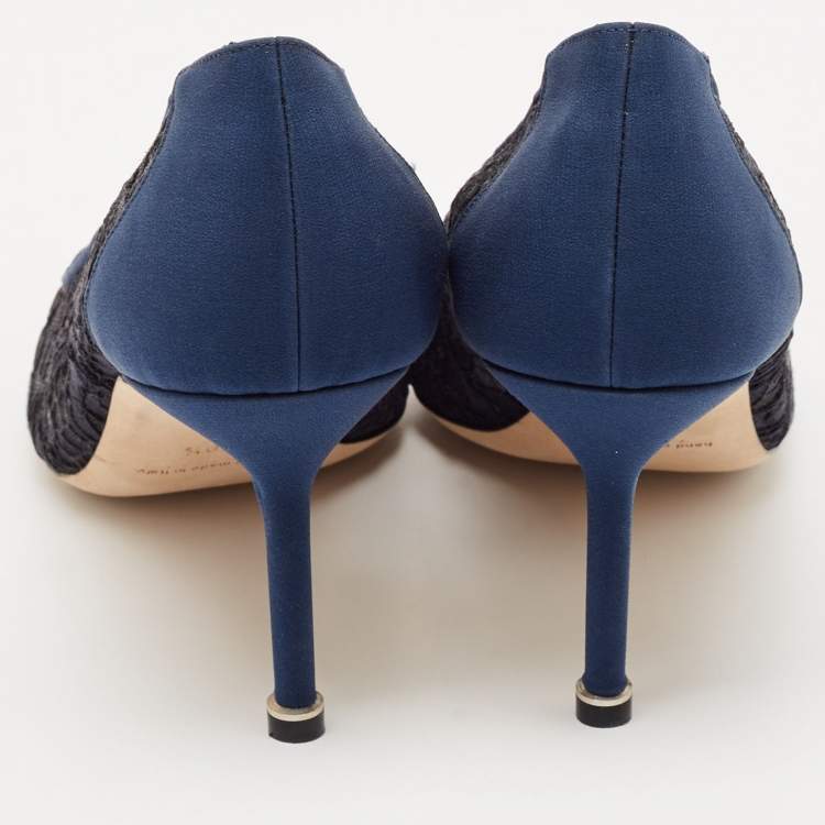 Pre Owned Manolo Blahnik Navy Blue Lace and Satin Hangisi Pumps Size 40.5
