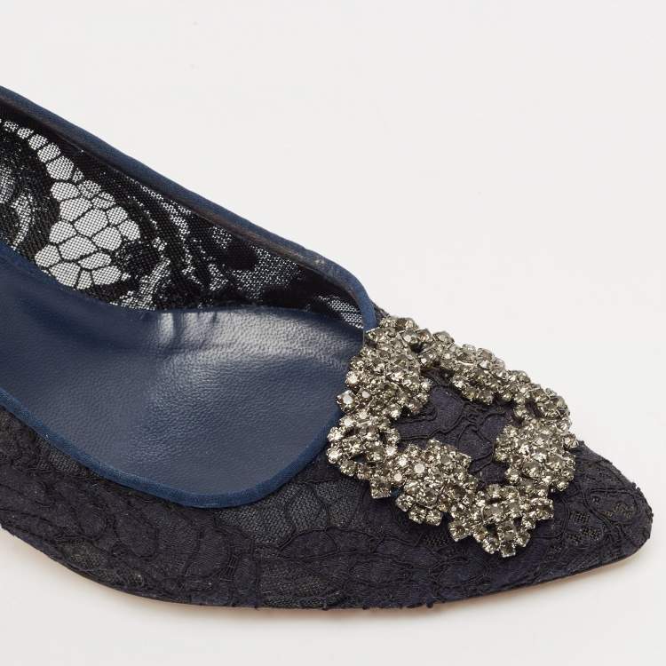 Pre Owned Manolo Blahnik Navy Blue Lace and Satin Hangisi Pumps Size 40.5