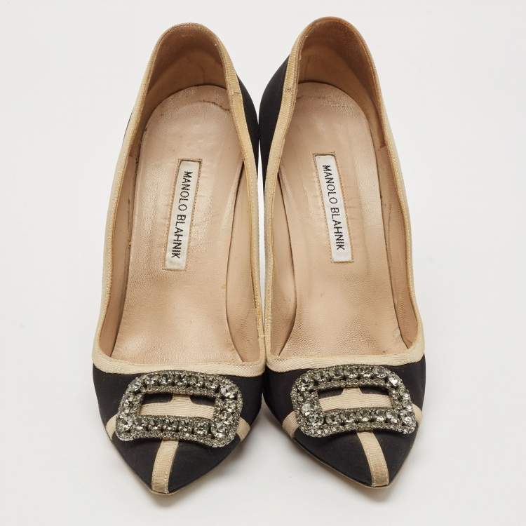 Pre Owned Manolo Blahnik Black/Grey Canvas and Fabric Hangisi Pumps Size 40.5