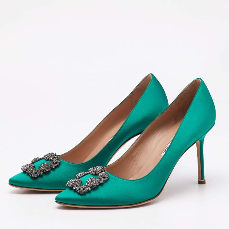 Pre Owned Manolo Blahnik Green Satin Hangisi Crystal Embellished Pumps Size 41