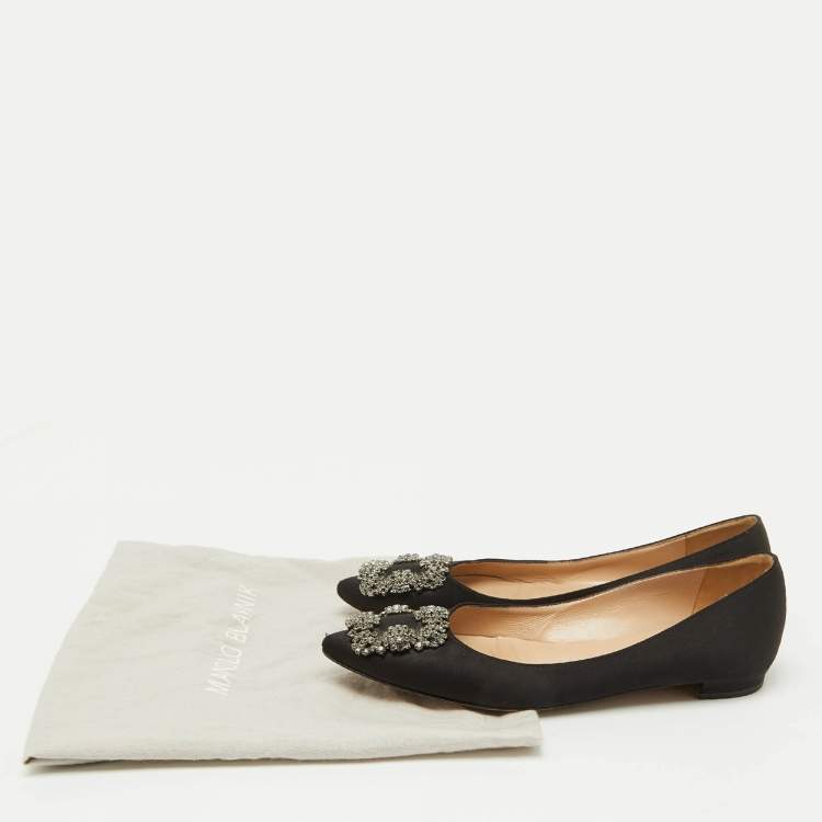 Pre Owned Manolo Blahnik Black Satin Hangisi Ballet Flats Size 35