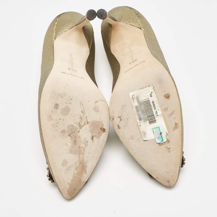 Pre Owned Manolo Blahnik Gold Fabric Hangisi Pumps Size 36.5