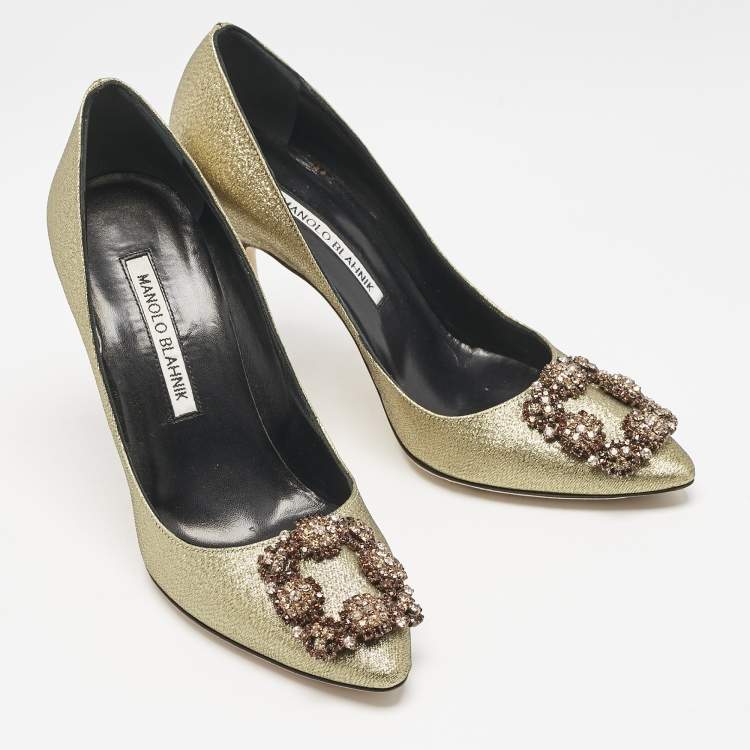 Pre Owned Manolo Blahnik Gold Fabric Hangisi Pumps Size 36.5