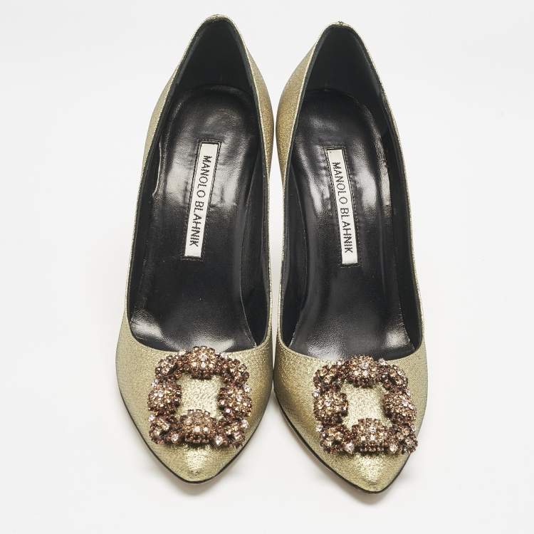 Pre Owned Manolo Blahnik Gold Fabric Hangisi Pumps Size 36.5