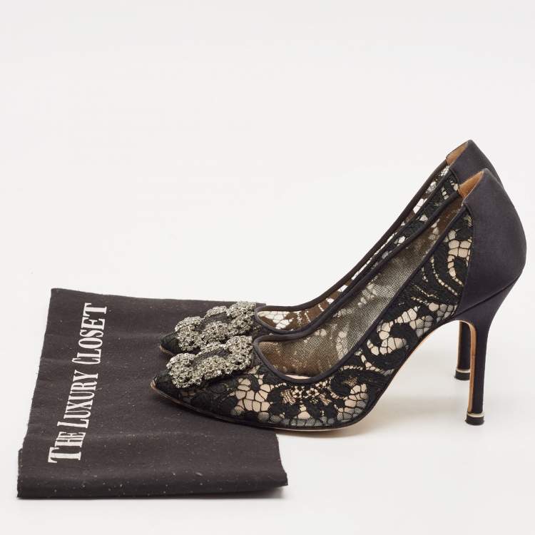 Pre Owned Manolo Blahnik Black Lace And Mesh Hangisi Pumps Size 36.5