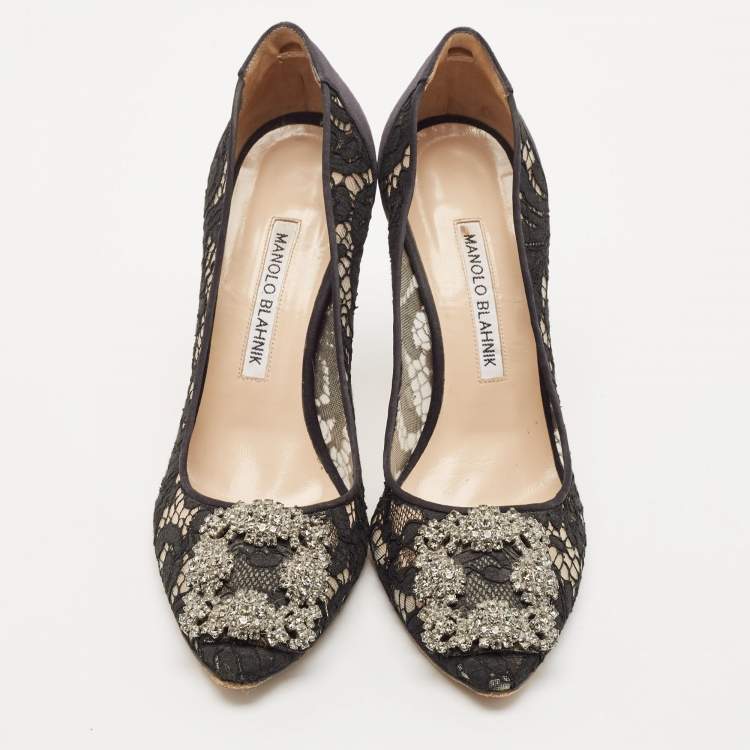 Pre Owned Manolo Blahnik Black Lace And Mesh Hangisi Pumps Size 36.5