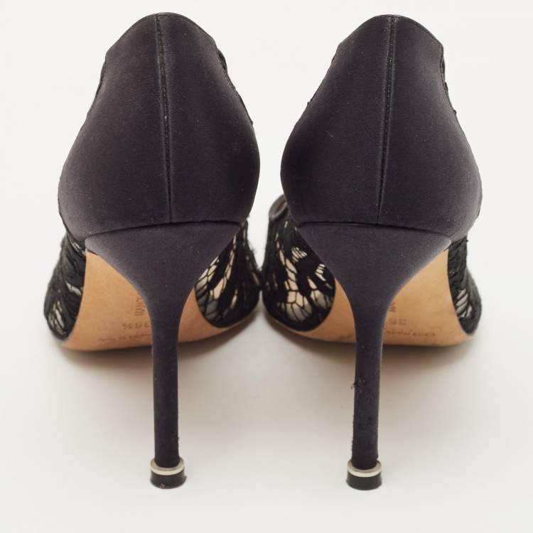 Pre Owned Manolo Blahnik Black Lace And Mesh Hangisi Pumps Size 36.5
