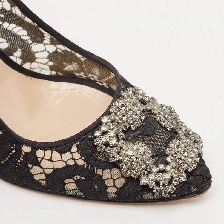 Pre Owned Manolo Blahnik Black Lace And Mesh Hangisi Pumps Size 36.5