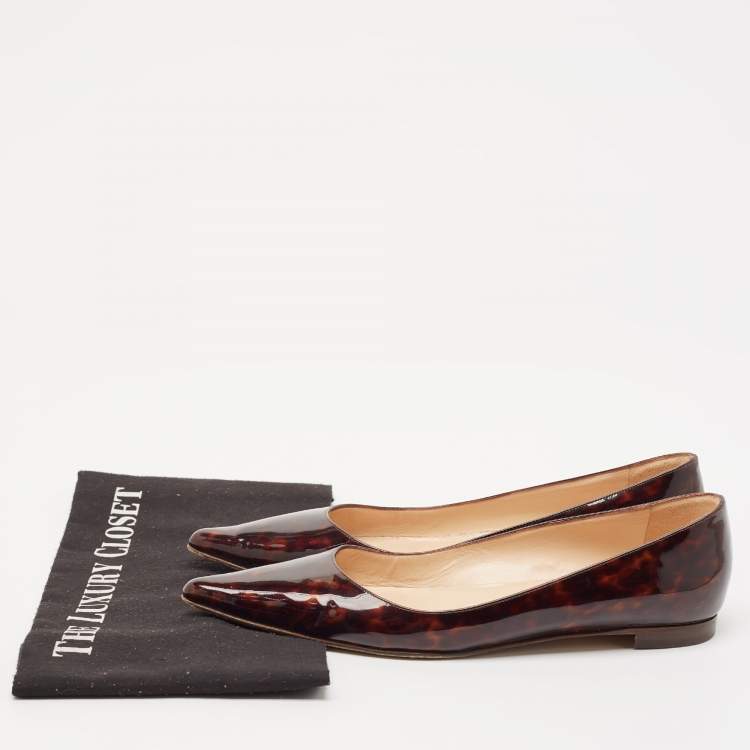 Pre Owned Manolo Blahnik Brown Patent Pointed Toe Ballet Flats Size 37.5