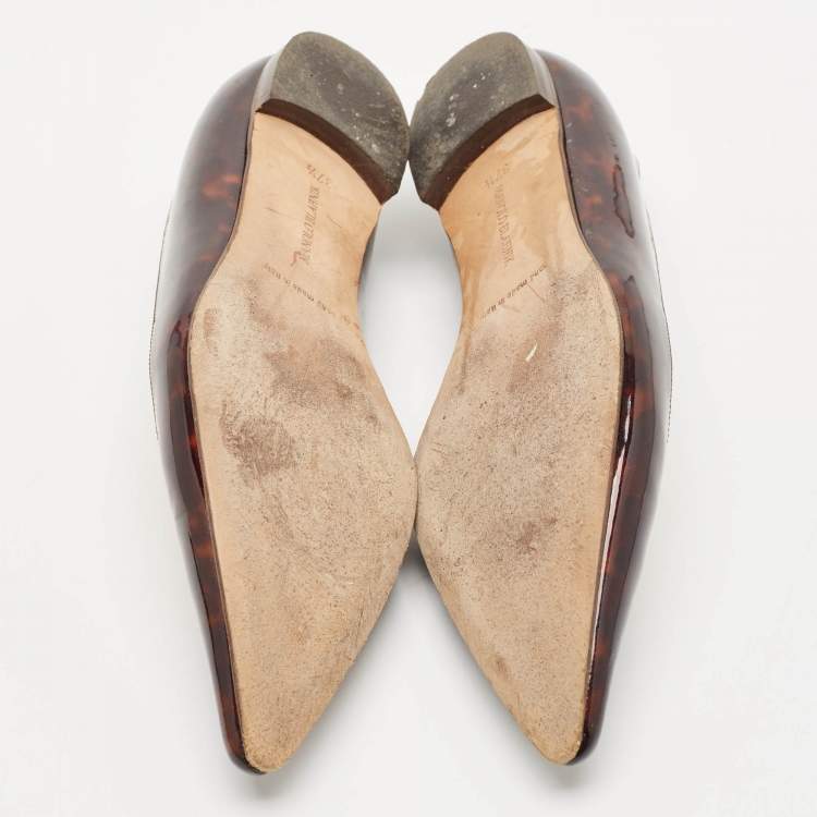 Pre Owned Manolo Blahnik Brown Patent Pointed Toe Ballet Flats Size 37.5