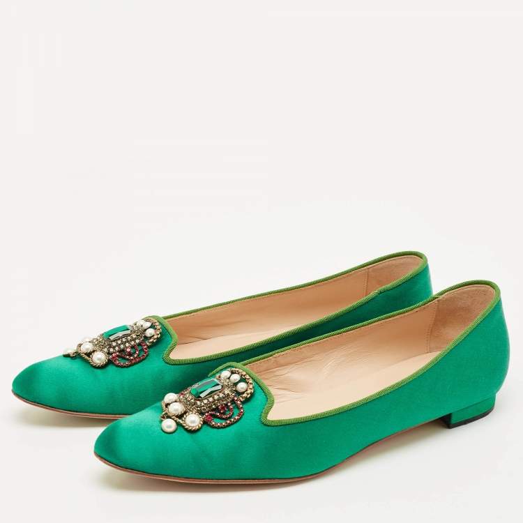 Pre Owned Manolo Blahnik Emerald Green Satin Eufrasia Smocking Slippers Size 40