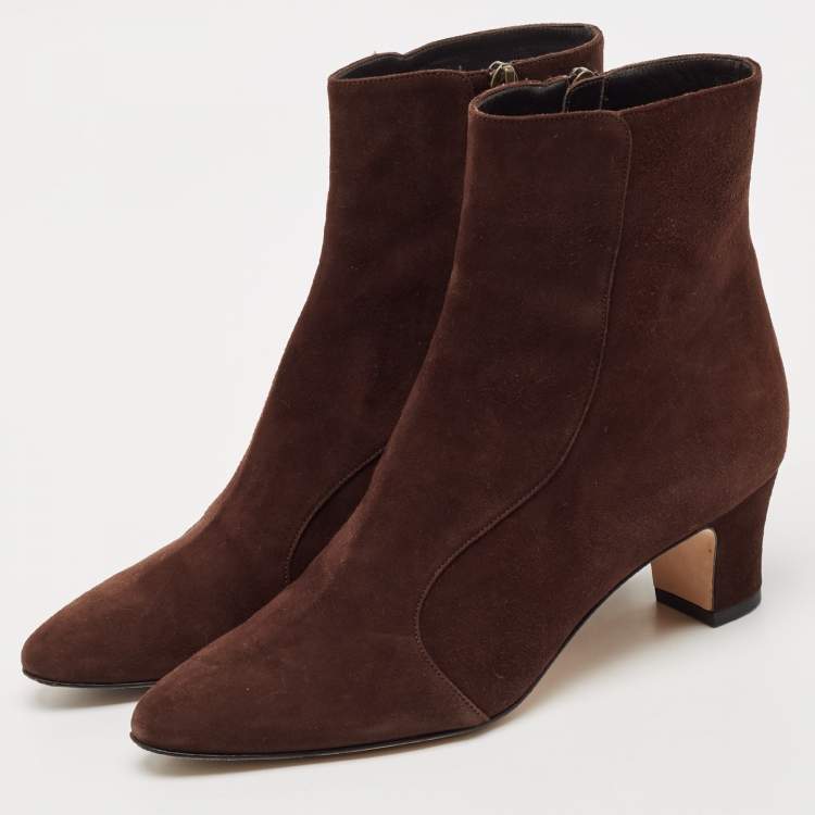 Pre Owned Manolo Blahnik Dark Brown Suede Myconia Ankle Length Boots Size 37