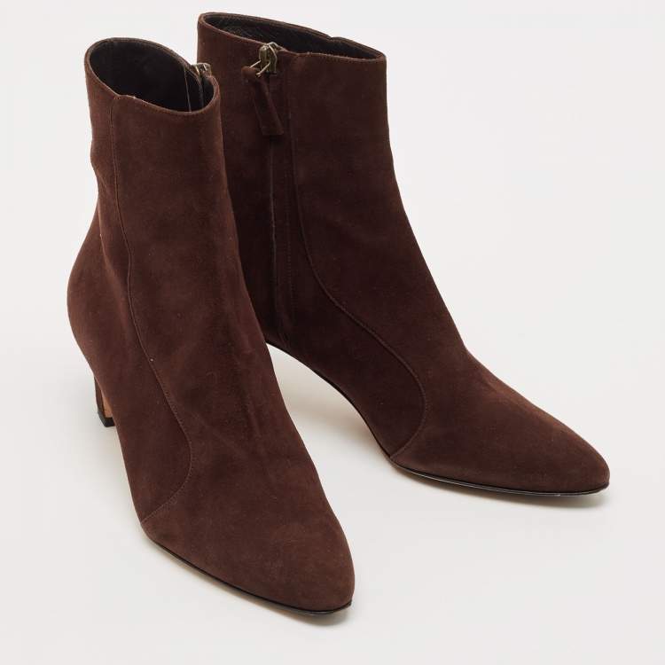 Pre Owned Manolo Blahnik Dark Brown Suede Myconia Ankle Length Boots Size 37