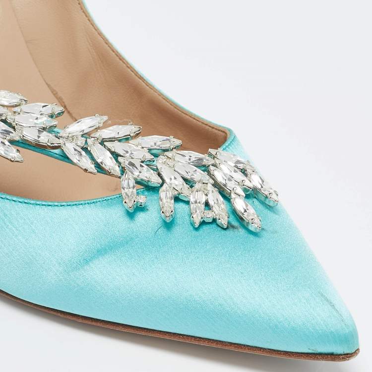 Pre Owned Manolo Blahnik Blue Satin Nadira Crystal Embellished Pointed Toe Pumps Size 38.5