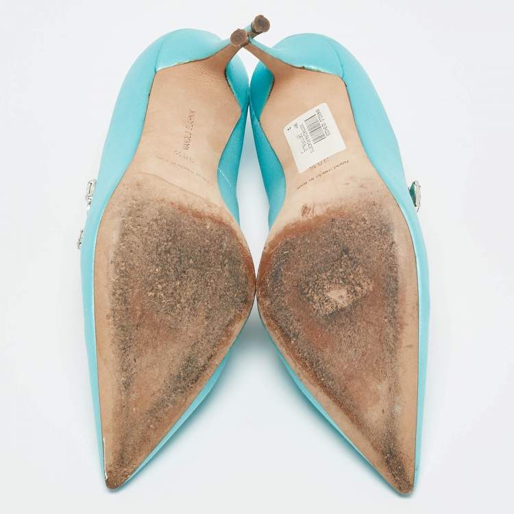 Pre Owned Manolo Blahnik Blue Satin Nadira Crystal Embellished Pointed Toe Pumps Size 38.5