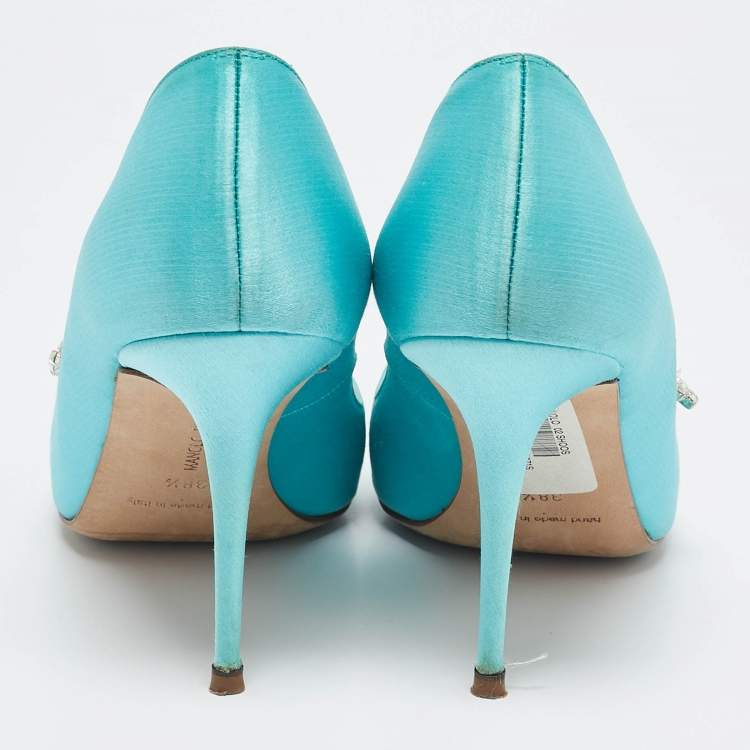 Pre Owned Manolo Blahnik Blue Satin Nadira Crystal Embellished Pointed Toe Pumps Size 38.5