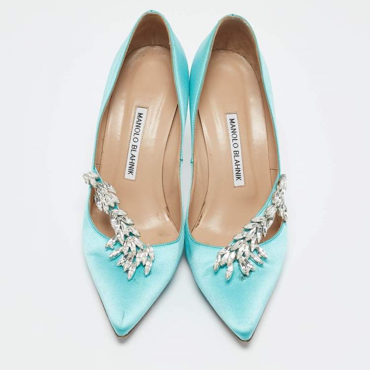 Pre Owned Manolo Blahnik Blue Satin Nadira Crystal Embellished Pointed Toe Pumps Size 38.5