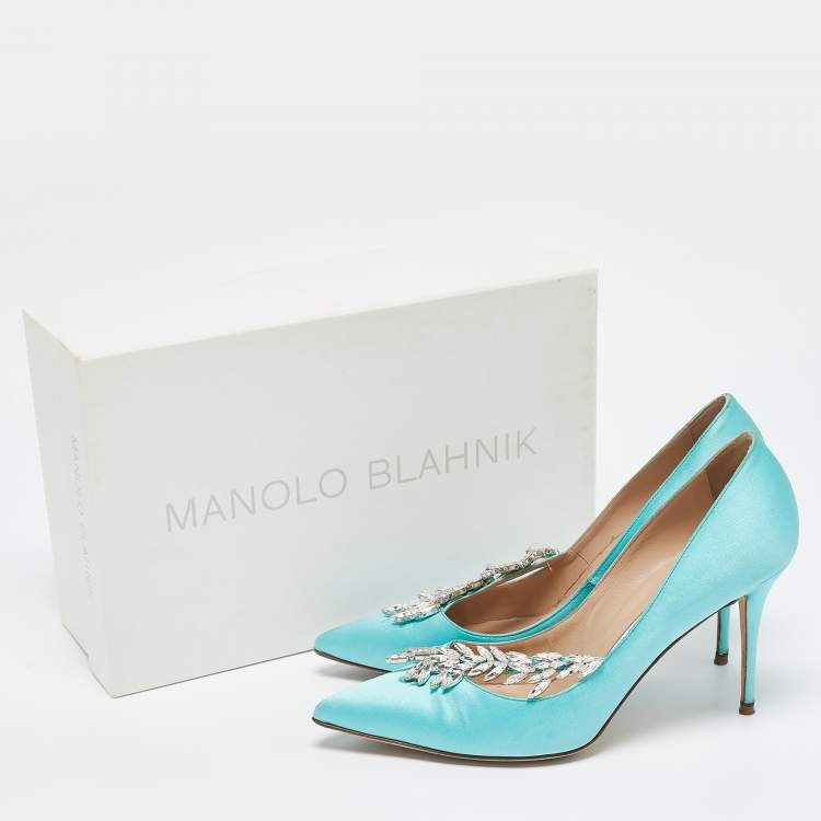 Pre Owned Manolo Blahnik Blue Satin Nadira Crystal Embellished Pointed Toe Pumps Size 38.5