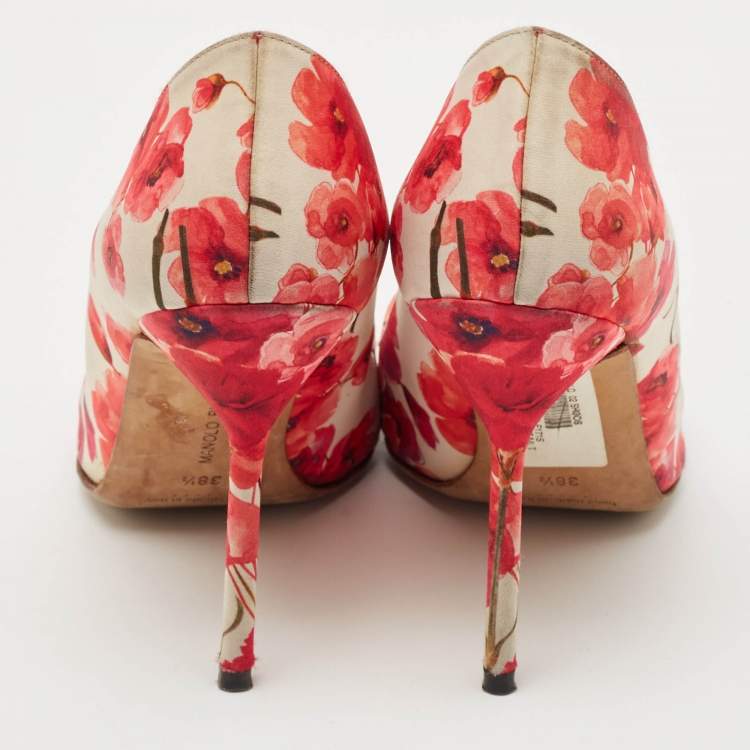 Pre Owned Manolo Blahnik Multicolor Floral Print Satin Pointed Toe Pumps Size 38.5