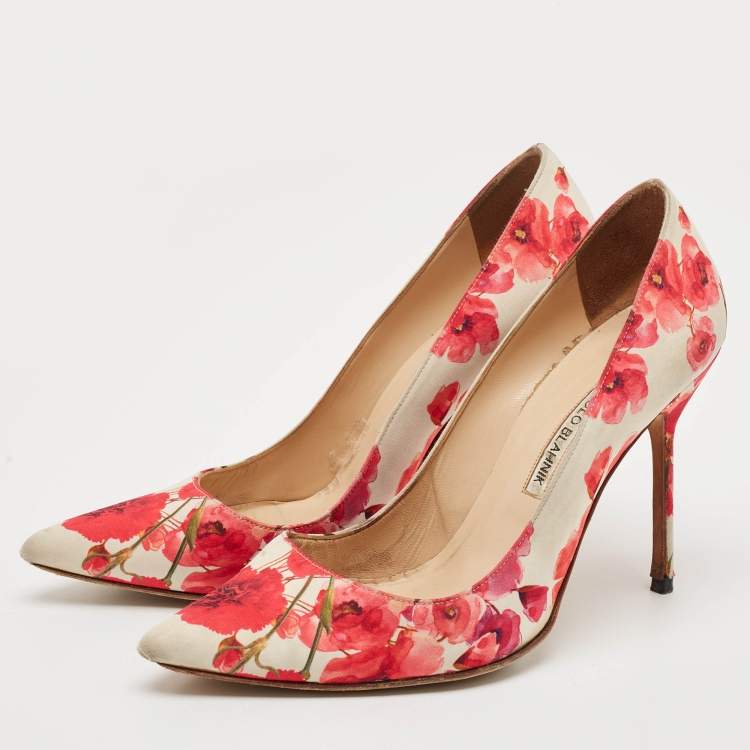 Pre Owned Manolo Blahnik Multicolor Floral Print Satin Pointed Toe Pumps Size 38.5