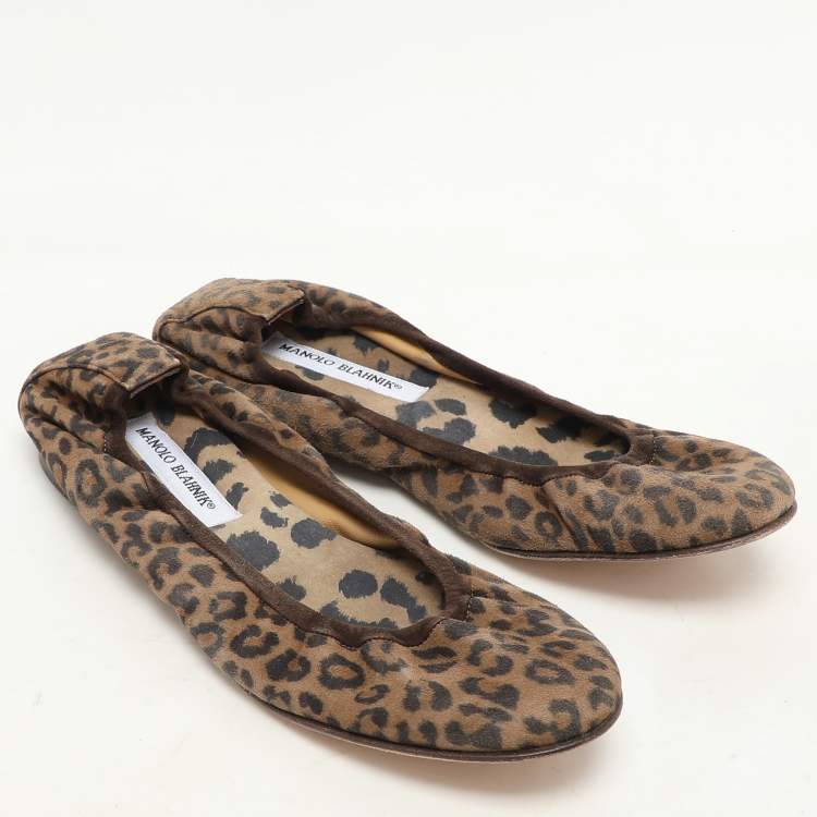 Pre Owned Manolo Blahnik Brown Leopard Print Suede Scrunch Ballet Flats Size 40