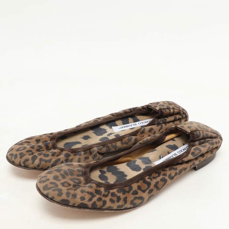 Pre Owned Manolo Blahnik Brown Leopard Print Suede Scrunch Ballet Flats Size 40