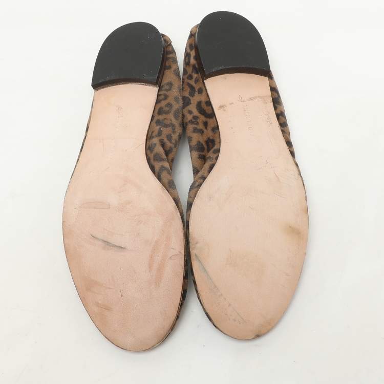 Pre Owned Manolo Blahnik Brown Leopard Print Suede Scrunch Ballet Flats Size 40
