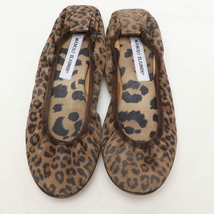 Pre Owned Manolo Blahnik Brown Leopard Print Suede Scrunch Ballet Flats Size 40